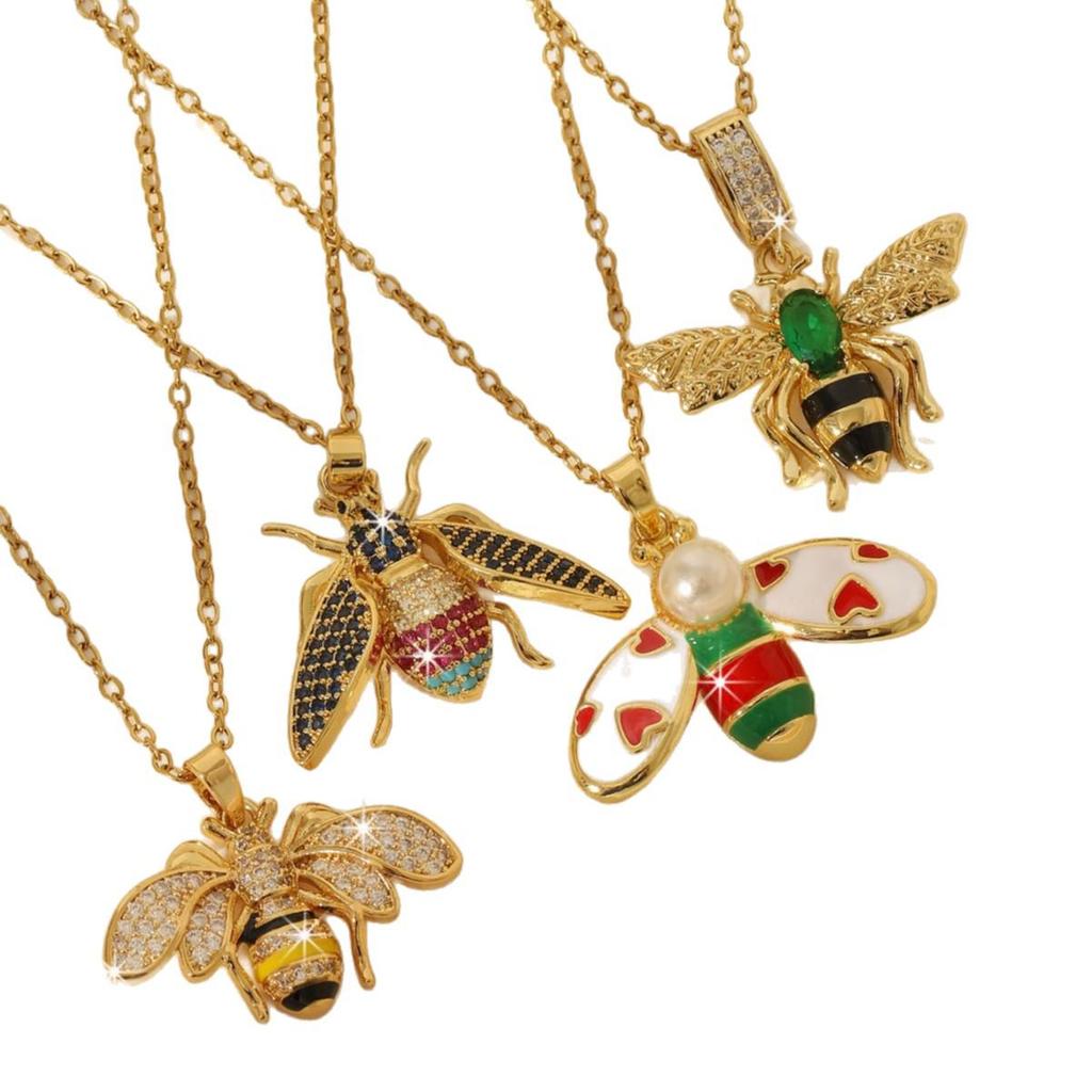 18K Gold Titanium Steel Bee Necklace with Zircon Inlays for Women - European & American Style