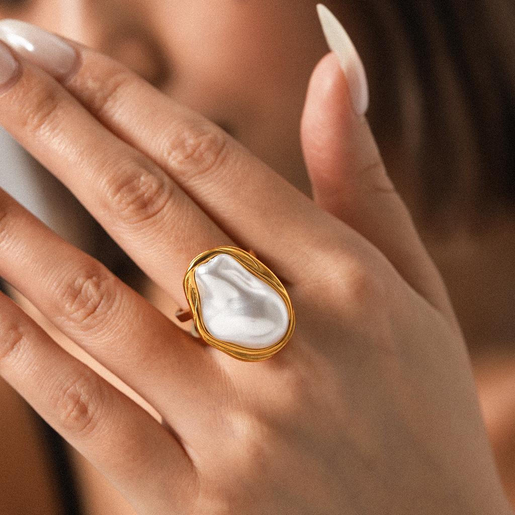Stainless Steel Baroque Pearl Open Ring Women's Fashion Ring