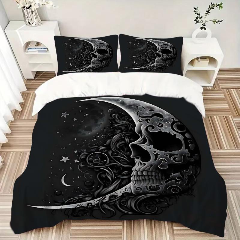 3pcs Midnight Moonlit Skull Printed Duvet Cover Set (1 * Cover+2 * Pillowcase, Without Core), Suitable for Home Bedroom, Guest Room, Dormitory De
