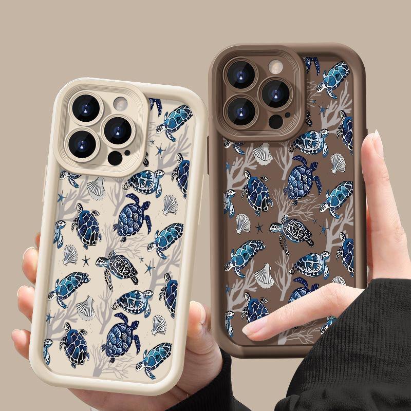 For iPhone 16 Pro 16E 15 Pro Max 14 13 12 11 Phone Case Shell Coral Turtle Pattern Anti-Fall Lens Protection Matte TPU Shockproof Soft Bumper Cover
