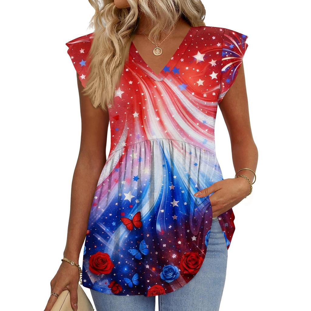 Hauts pour femmes T-shirt à manches courtes tendance col en V manches à volants Blouses professionnelles