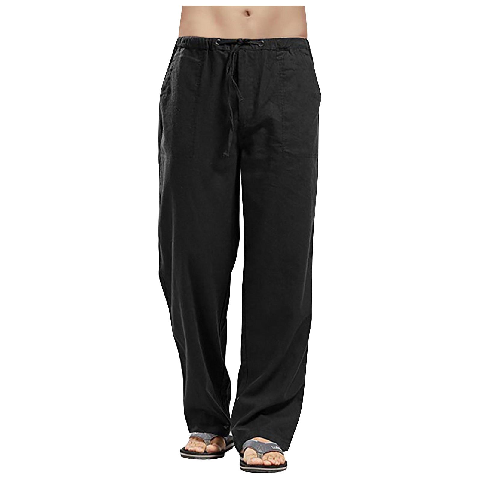 Men Linen Splicing Overalls Casual Pocket Sport Work Casual Trouser Pants L чёрный