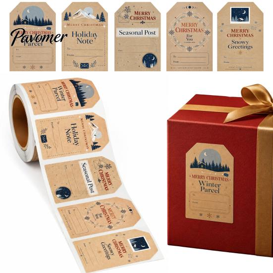 Souvenir Decoration Stickers 180PCS/Roll Christmas Label Stickers, Self-Adhesive Retro Paper Tags with Blank Winter Holiday Writing Area, Decorative