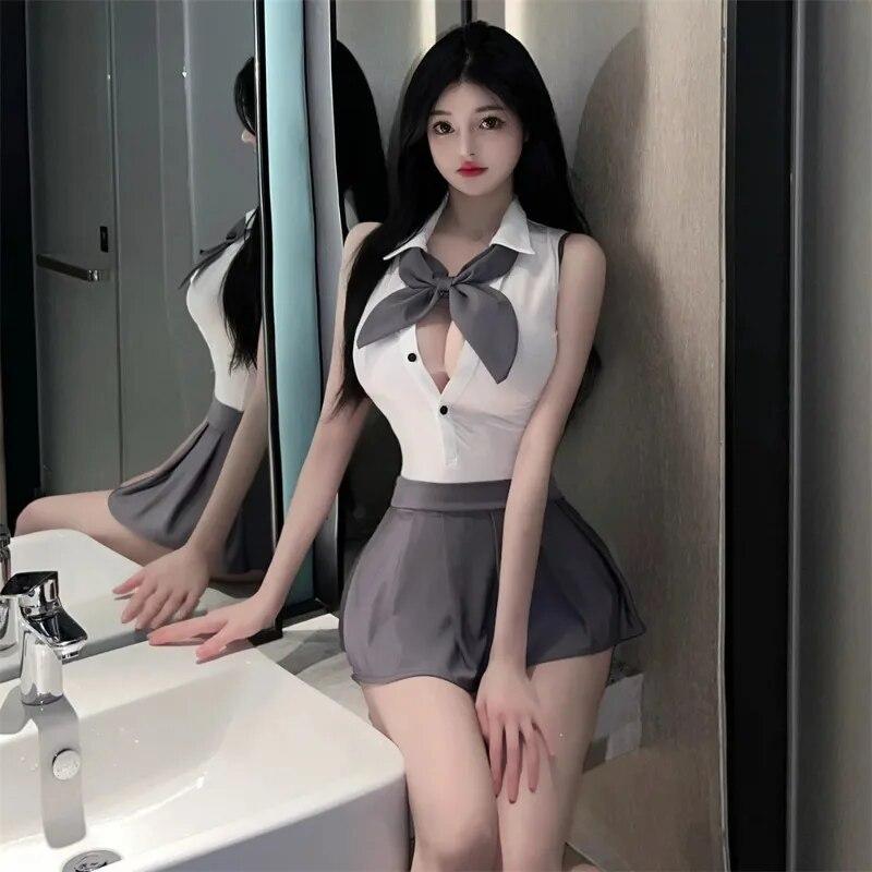 New Sexy Pure School Student Secretary Cosplay Uniform Temptation See-through Backless JK Skirt Big Bow Tie Lingerie Set