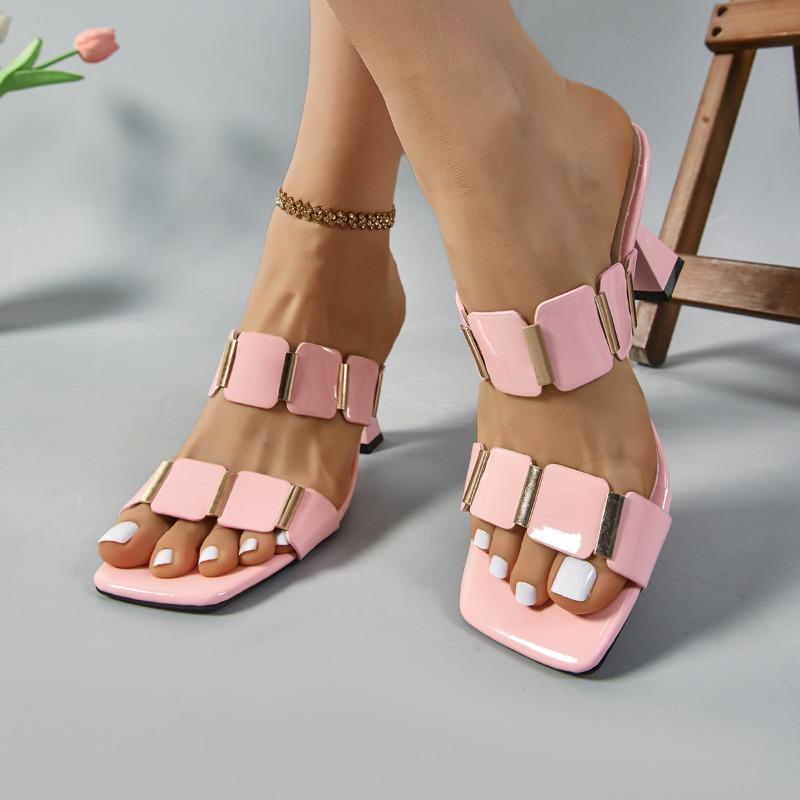 Fashion Stiletto Flip-Flops Women Summer New Square Toe Open Toe Metal Decoration Non-Slip Wear-Resistant Outer Wear High Heel Sandals