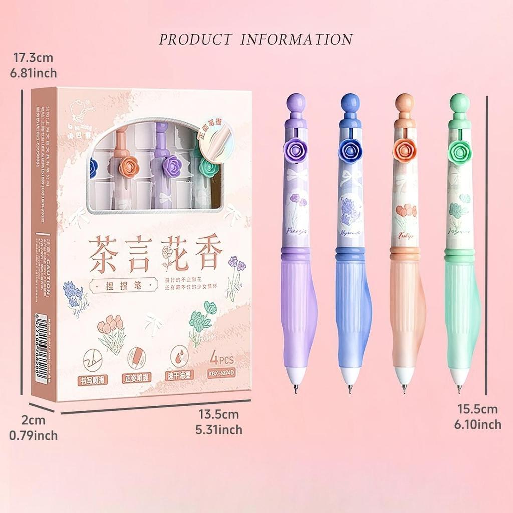 4pcs Lovely Flower Gel Pens Set, Pinch Grip Camellia Floral Pink Bowknot Star Dream Clip 0.5mm Black Color Ink for Writing