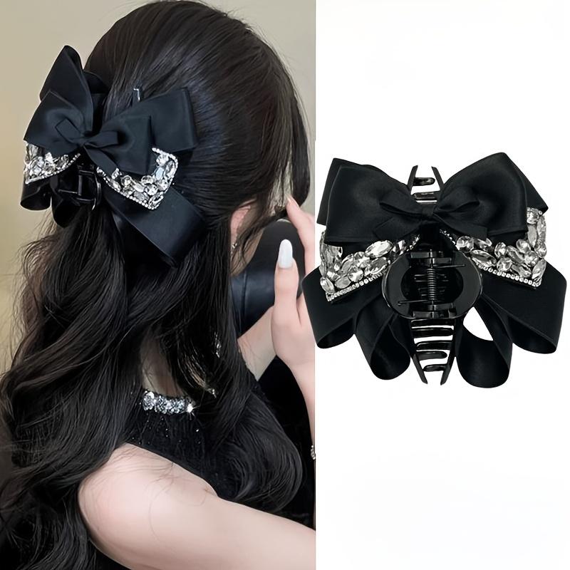 1PC Black Webbing Multi-layer Bow Hair Grab Clip, Women s Luxury Shiny Rhinestone Bow Disc Hair Hairpin чёрный