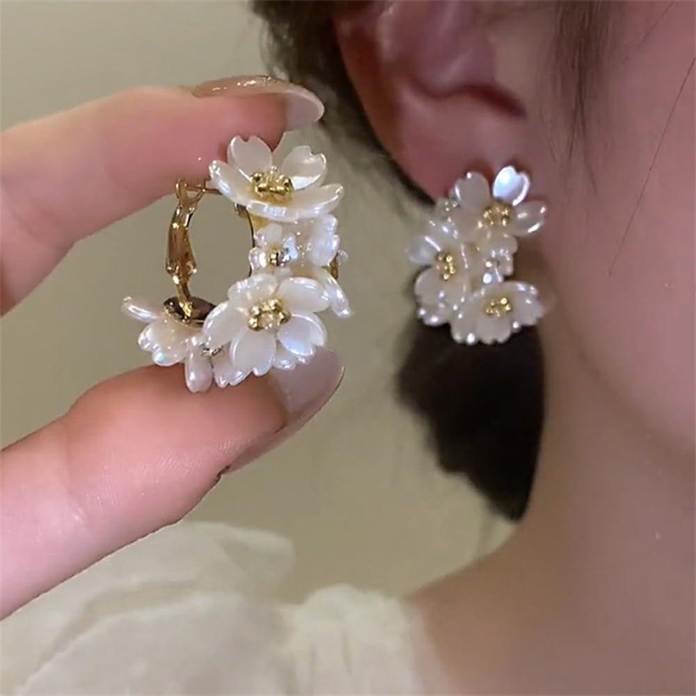 Latest Sweet Romantic Elegant White Flower Hoop Earrings | Stylish Shell Resin Delicate Pearl Flower Zircon Earrings | Trendy Versatile Jewellery