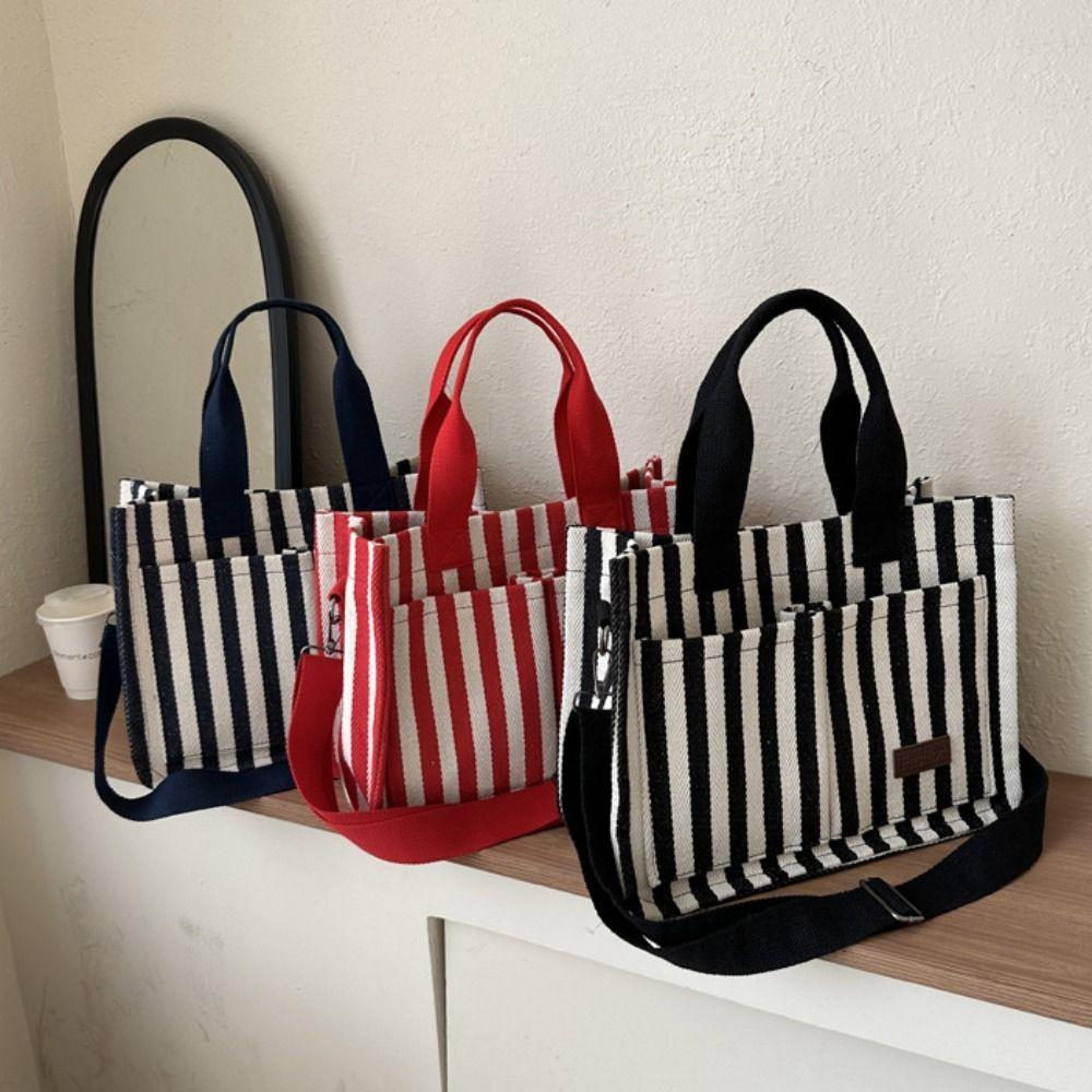 Simple Shoulder Bag Large Capacity Cloth Handbag Temperament Stripe Canvas Tote Bag  Girls