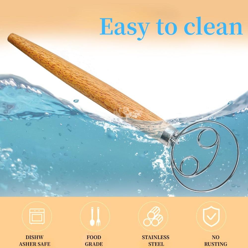 Dough Whisk Stainless Steel Bread Beater for Sourdough Bread Dough Mixer Hand Wooden Handle Kitchen Whisking Mixing Tools