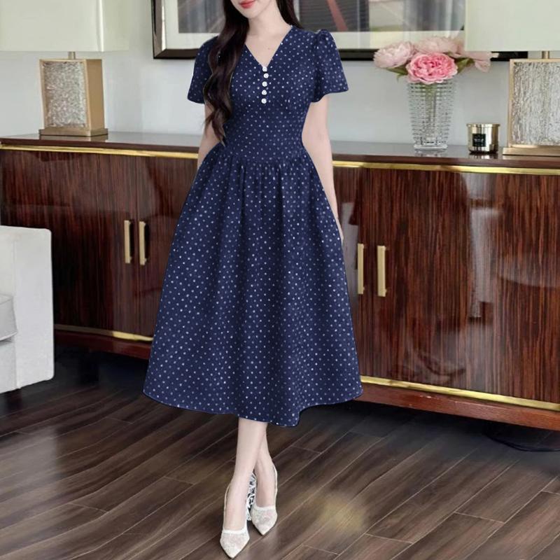 ZANZEA Women Casual V-Neck Polka Dot Print Short Sleeve Dress
