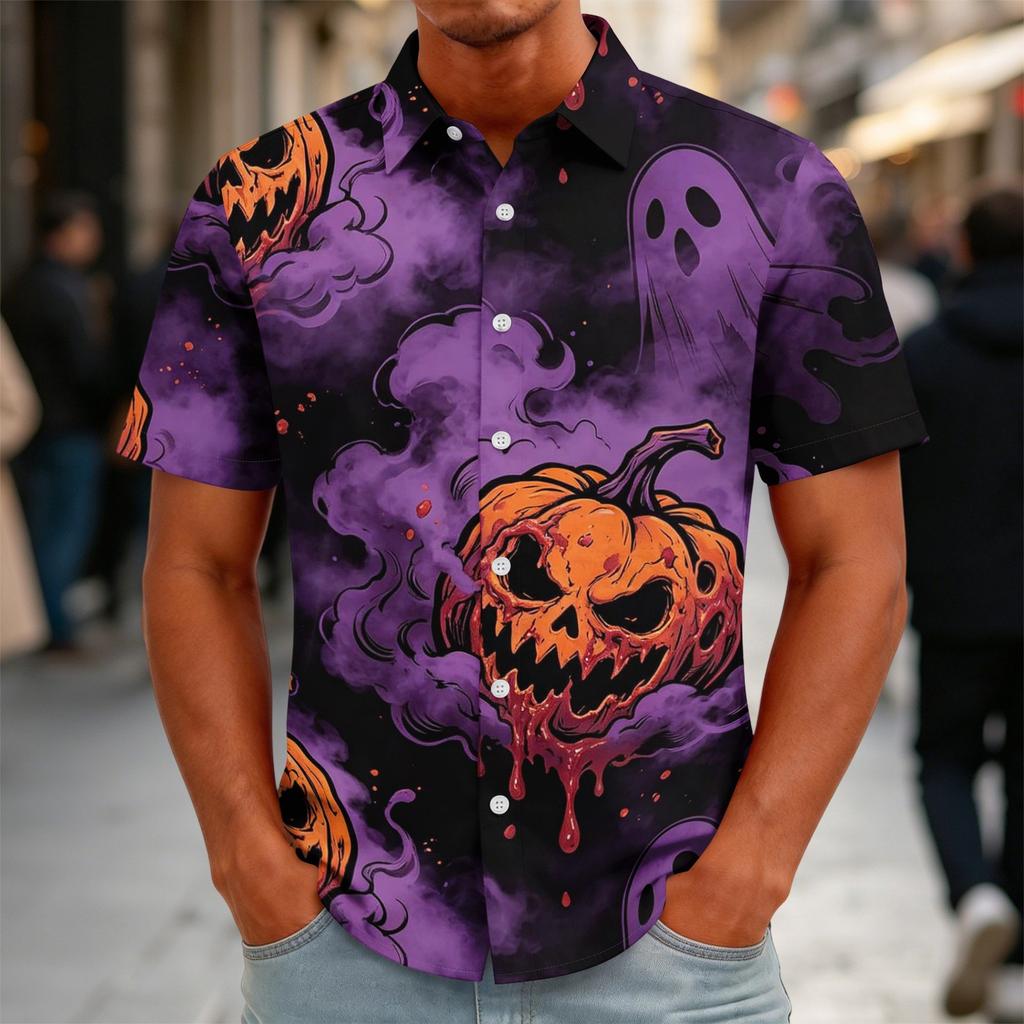 Herren Halloween Print Vintage Textur Hemd Knopfleiste Locker Atmungsaktiv Sommer Sport Street Lässig Tägliches Oberteil