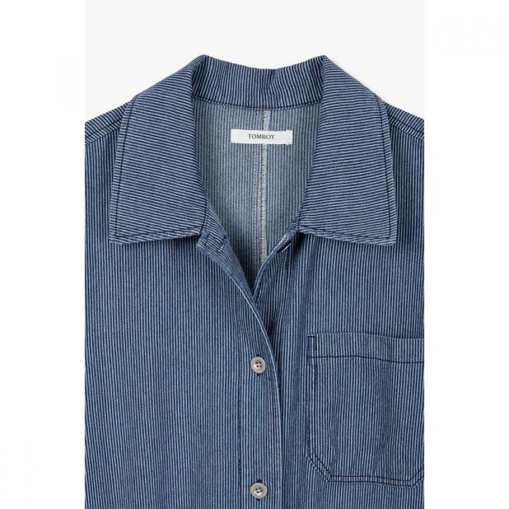 Studio Tomboy Pinstripe Denim Belted Short Sleeve Dress 9176341987