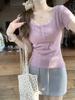 Summer Korean Style Sweet Square Neck Lace Trim Button Slim Fit Short Sleeve Top