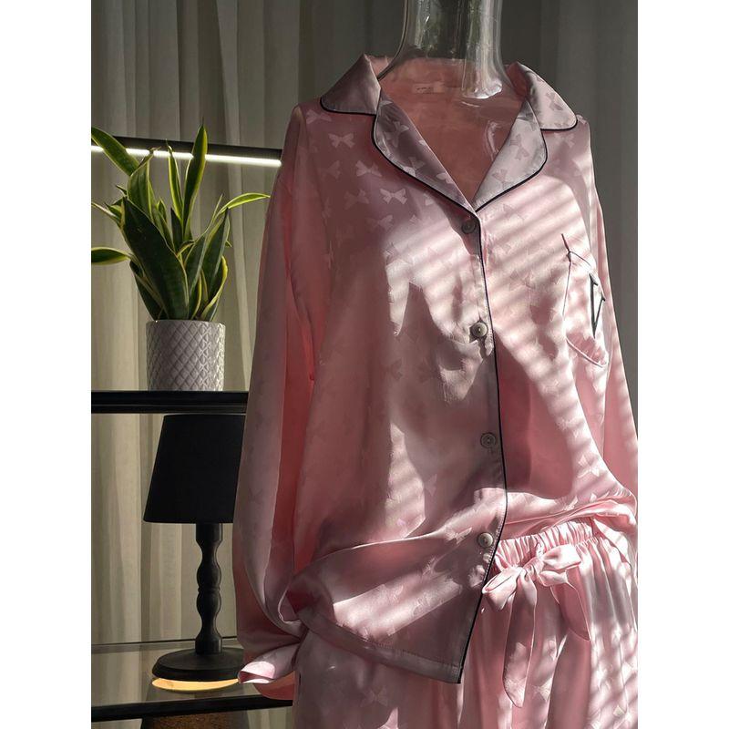 Vido Moonlight Satin Surface Pink Pajamas Women's Spring and Autumn Trendy Brand Long Sleeve Pants Homewear Suit Outwear Secret
