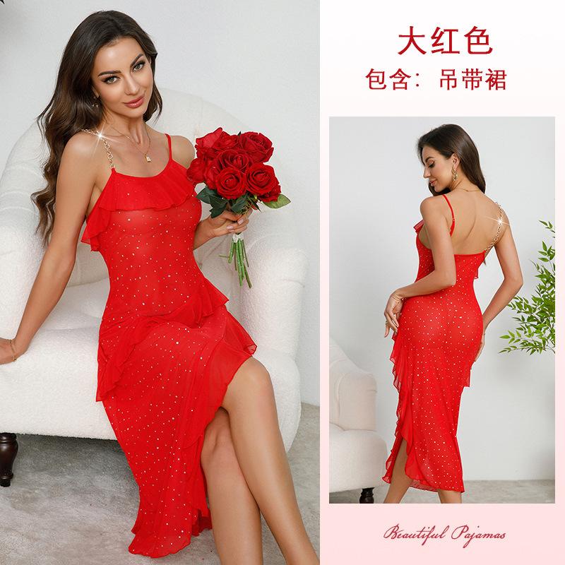 Multi-Style Sexy Lace Mesh Nightgown Deep V High Slit Print Cami Pajamas Women's Loungewear Versatile Seductive Sleepwear Collection with Diverse