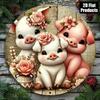 3 Little Pigs Metal Wall Art, 8x8 Round Rustic Farmhouse Aluminum Sign with Pink Roses