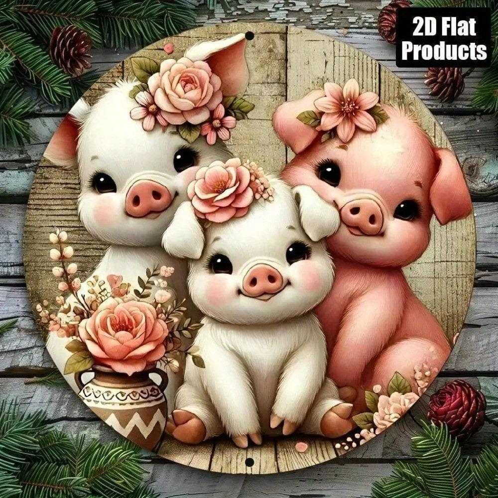 3 Little Pigs Metal Wall Art, 8x8 Round Rustic Farmhouse Aluminum Sign with Pink Roses