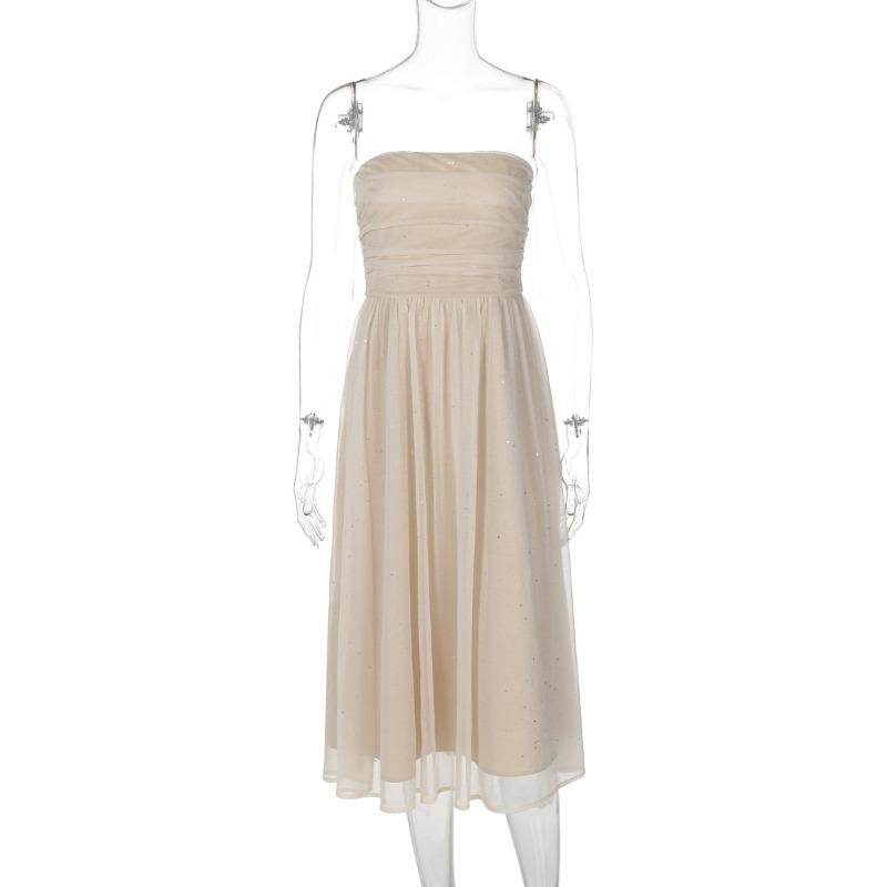 

Осеннее элегантное сладкое и пикантное платье, однотонное сексуальное платье без бретелек, без бретелек, с открытыми плечами, двухслойное платье с блестками, обтягивающее талию L абрикосовый