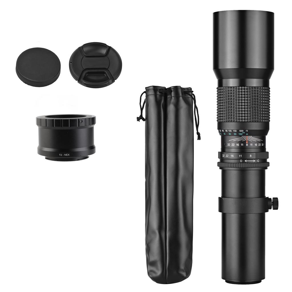 Super Telephoto Lens, 500mm Manual Zoom F8.0-F32 Aperture with Tripod Mount and T-Mount to NEX E-Mount Adapter   for A9    R  S  000  000  50