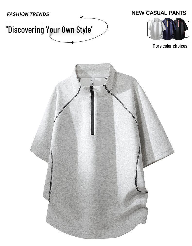 Golden Gun 2026 Summer Color Block Zip Half-Open Loose T-Shirt KF018