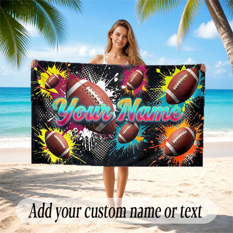 American Football Theme Beach Towel Personalized Custom Name & Text Soft Quick Dry Beach Towel for Swimming Travel