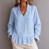 Camicia Casual da Donna con Scollo a V, Bordi Arricciati, Vestibilità Larga, Maniche Lunghe a Sbuffo, Fondo a Peplo, Misto Lino, Top per Uso Quotidiano
