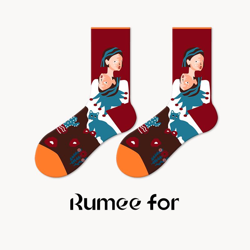 

French Retro Deer Rice Oil Painting Mid-Calf Skateboard Socks - Women s Trendy Couple Style. One Size