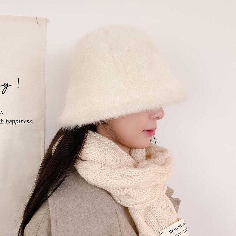 Rugyatto Winter Hat Bucket Hat Fur Bucket Hat Pastel ivory