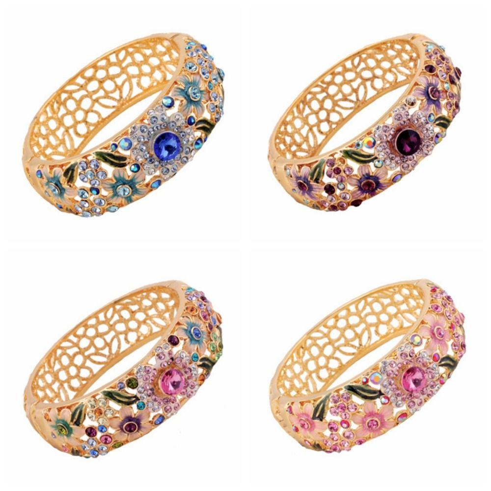 Enamel Chinese Cloisonne Bracelet Rhinestone Women's Hand Bracelet Hollow Out Flower Bangle  Gifts