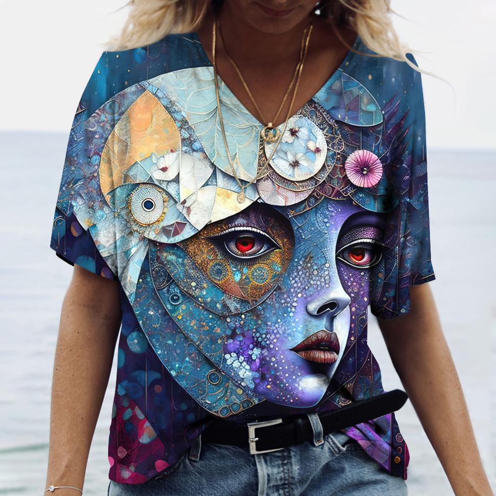 Funny 3D Beauty Pattern Women's T-Shirts Fashion V-neck Short Sleeve Top Summer Street Hip Hop Tee Fashion Loose Female Clothing