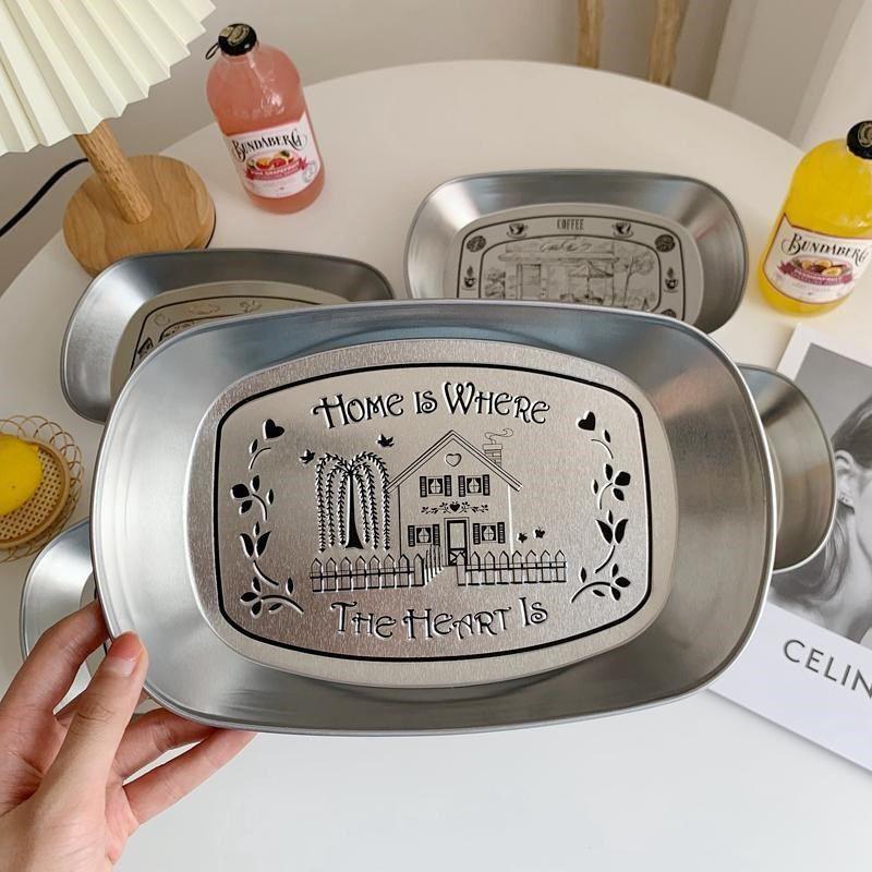 Metal Serving Dish Vintage Tinplate Dinner Plate Stainless Steel Serving Tray Round Seasoning Plates Set For Fruits For Dining