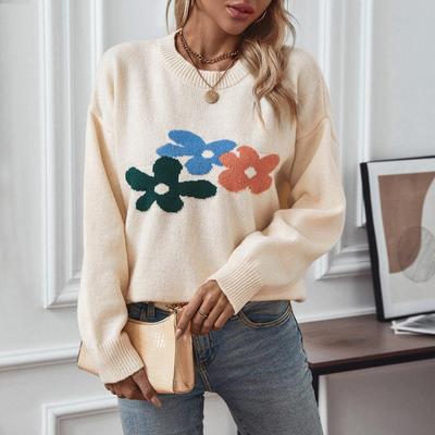Autumn Winter Vintage Loose Long Sleeve Top Print Cardigan Knitwear O-Neck Sweater