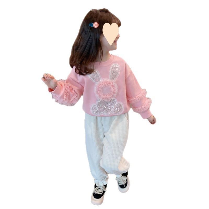 Mädchen Pinkes Fleecegefüttertes Sweatshirt Niedlicher Kaninchenaufdruck Langarm Pullover Top Für Frühling Herbst