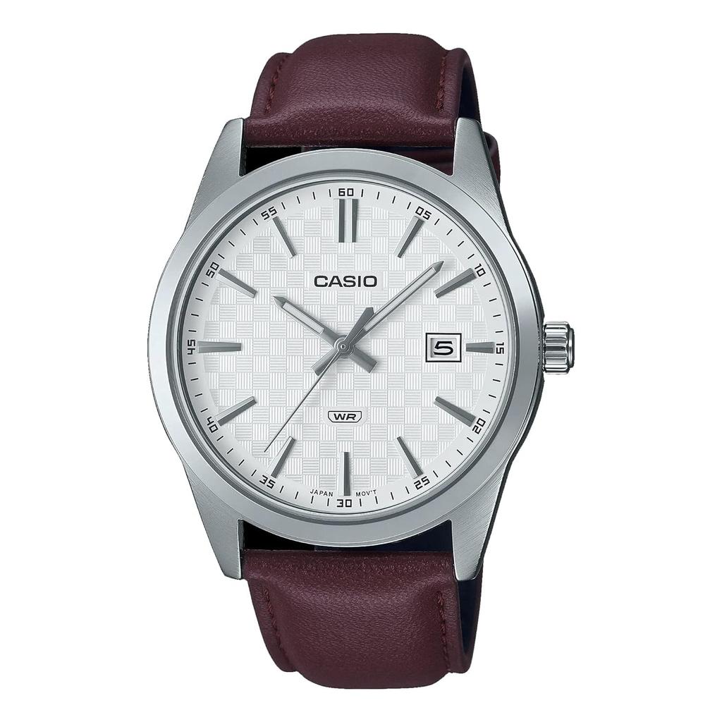 Casio Standard Brown Leather Band White Dial Analog Made In MTP-VD03L-5A Men's 3-Hand Watch, White, Japan.