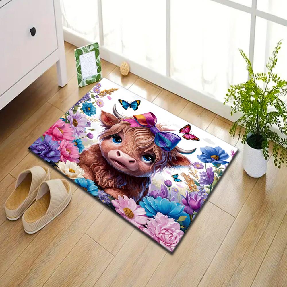 1pc Polyester  Cute Highland Cow and Butterfly Print Area Rug - Durable  Crystal Velvet Carpet for Living Room, Game
