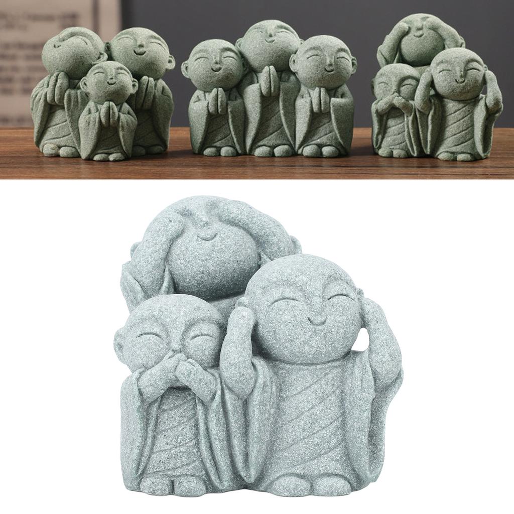 Monk Buddha Statue Chinese Green Sandstone Cute Buddha Figurine 3 Little Monks Ornament for Fish Aquarium Home Garden Decoration