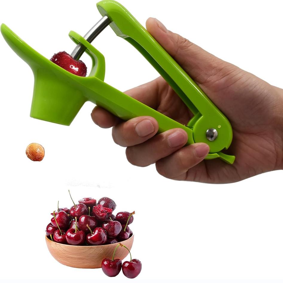 Cherry Pitter Tool, Olive Pitter and Fruit Pit Corer Remover Tool, Portable Kitchen Tool with Space-Saving Lock Design for Making Jam (Green)