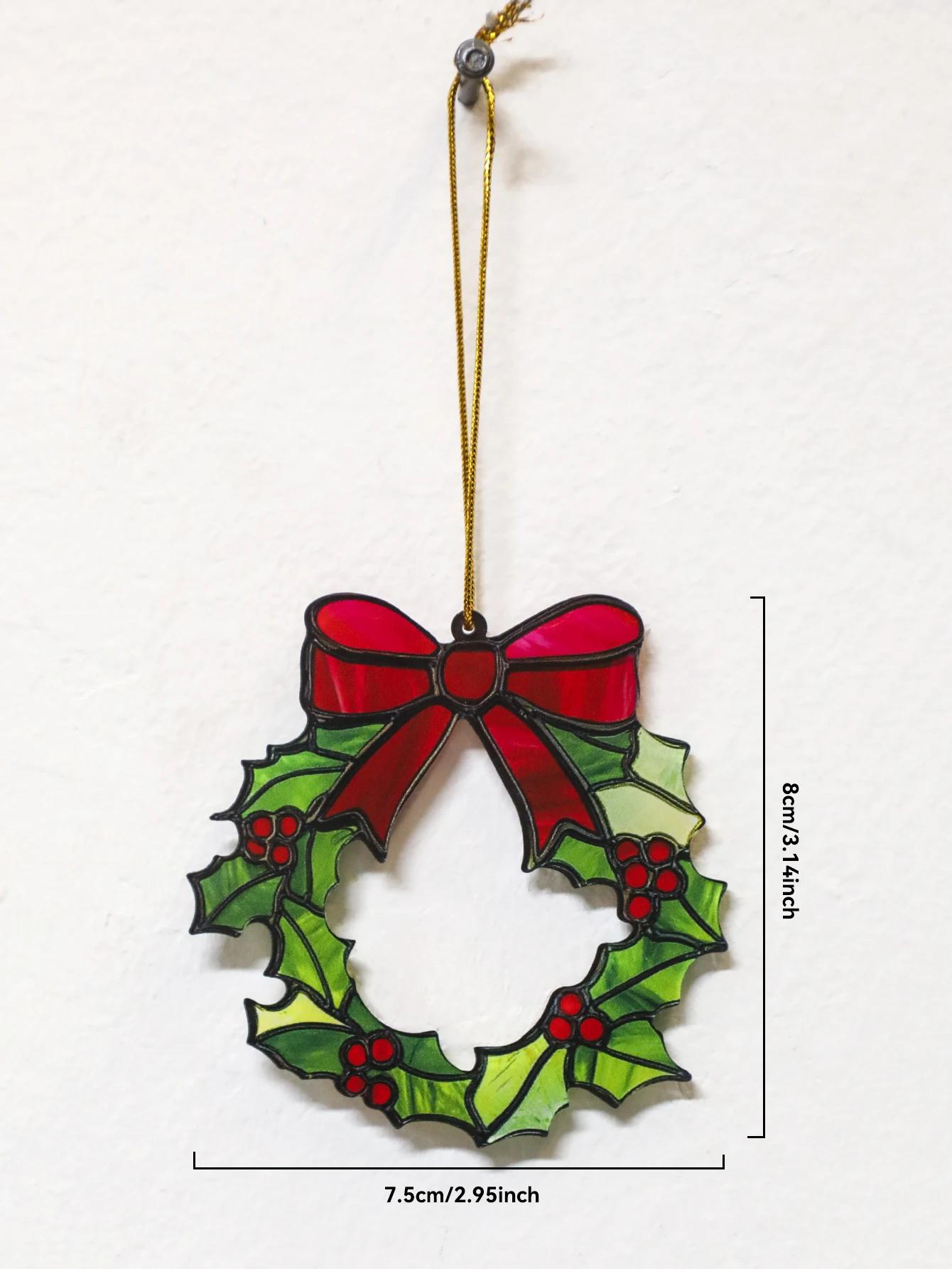 

Green Christmas Acrylic Holly Wreath Ornament with Red Bow, Hanging Window Decor, Festive Xmas Tree Decoration for Home & Party