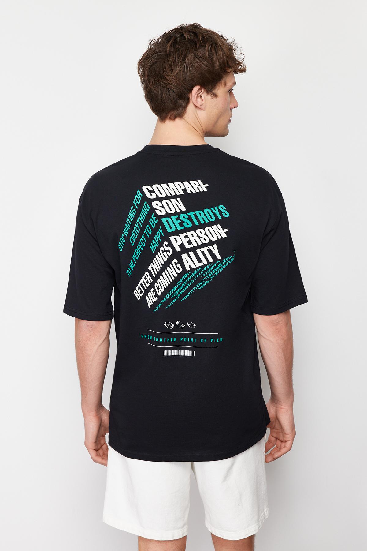 

Men s Fashion New T-Shirt Black Oversize Wide Cut 100% Cotton Fluffy Text Printed T-Shirt