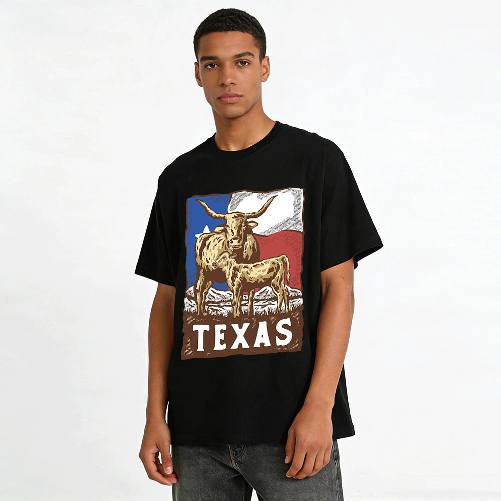 Texas Longhorn Cow And Calf Graphic Casual Tee Pure Cotton T-shirt