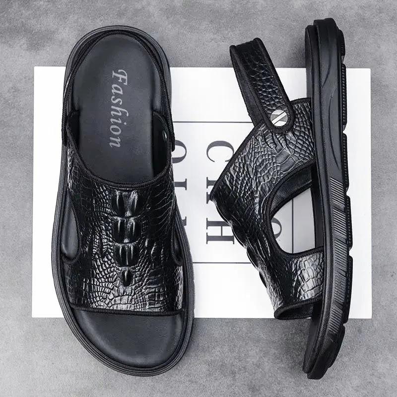 

Мужские кожаные спортивные сандалии для вождения, нескользящие пляжные туфли, повседневная обувь, крутые шлепанцы двойного назначения 44 чёрный