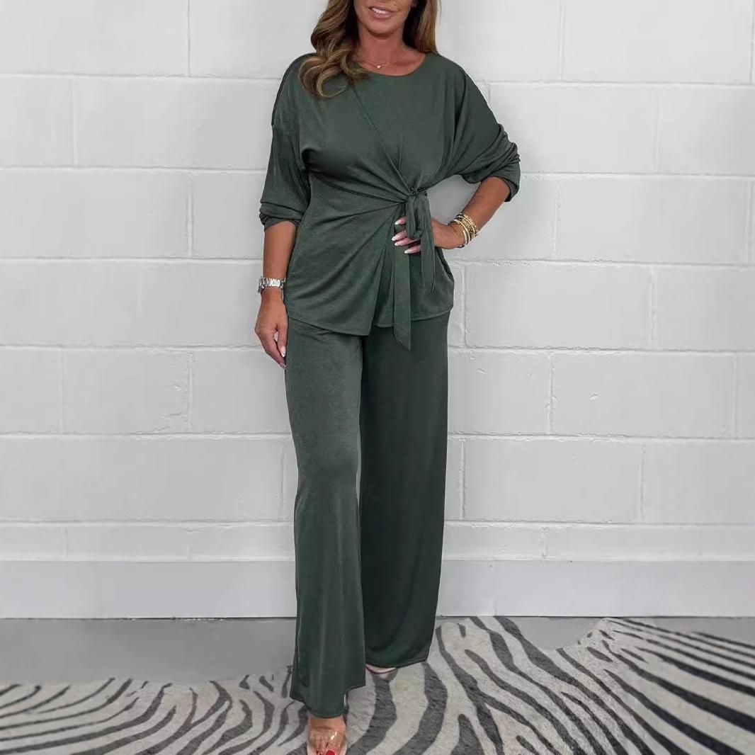 

Осенний женский брючный костюм больших размеров, однотонный, повседневный, модный, со шнуровкой, с длинным рукавом, топ и брюки 3XL темно-зеленого