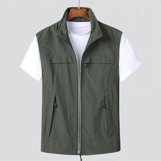 Colete Masculino Gola Alta Sem Mangas Fechamento com Zíper Cor Sólida Casaco Colete com Bolsos Colete de Pesca para Exterior