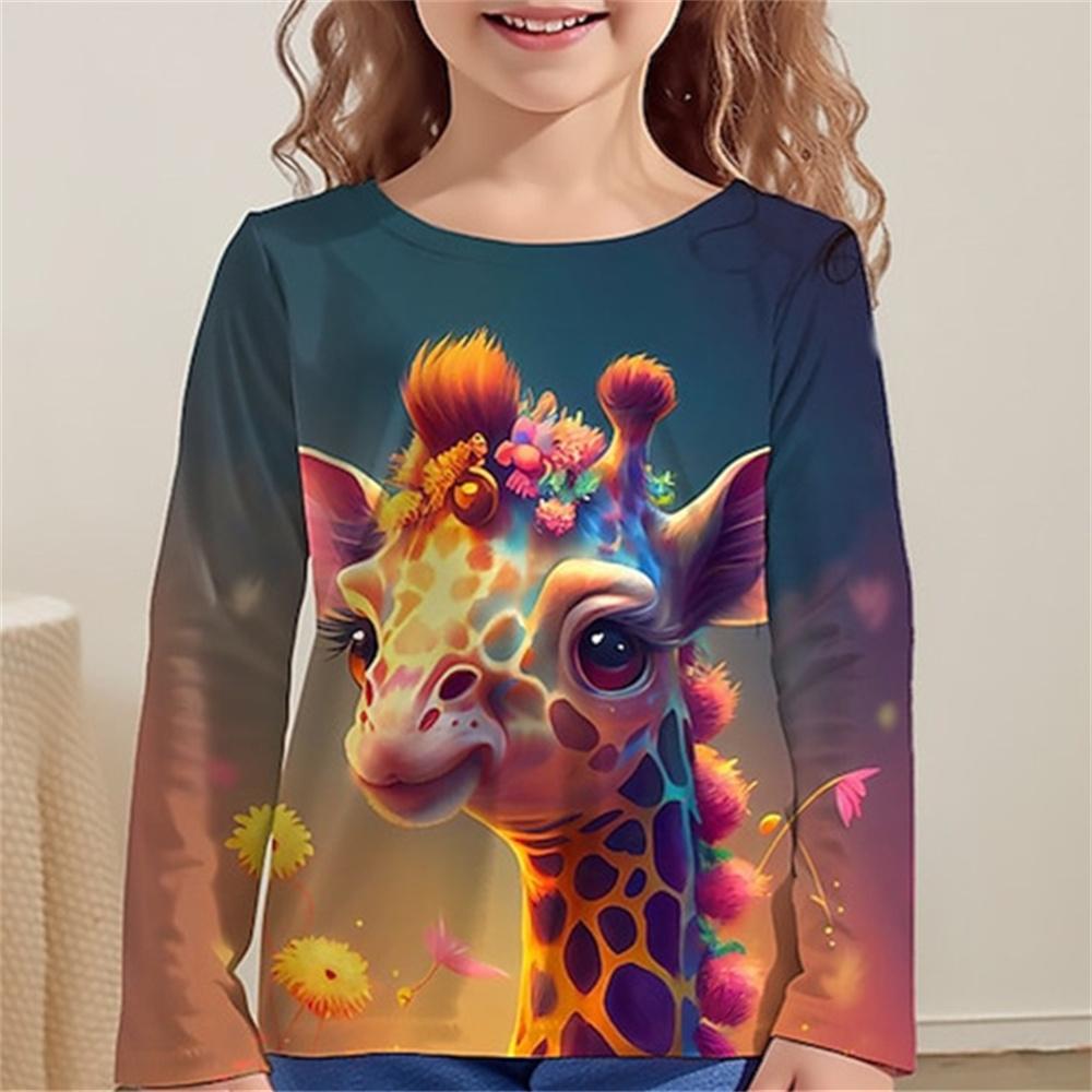 Spring and Autumn Round Neck Giraffe Pattern 3D Printed Top Fashionable Casual Long Sleeved Children's Girl T-shirts