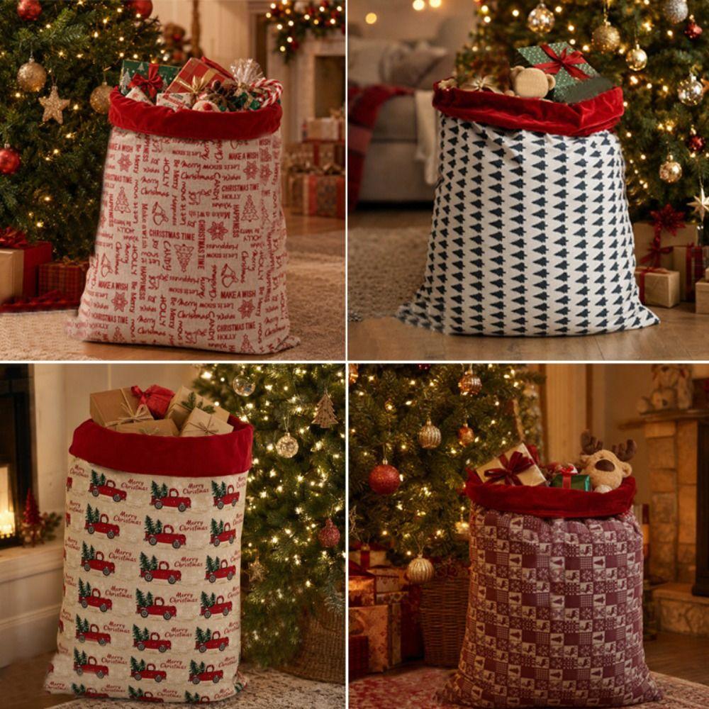 Red Velvet Cuff Christmas Gift Bag Linen Fabric Xmas Gift Bag High Quality Santa Sack Christmas