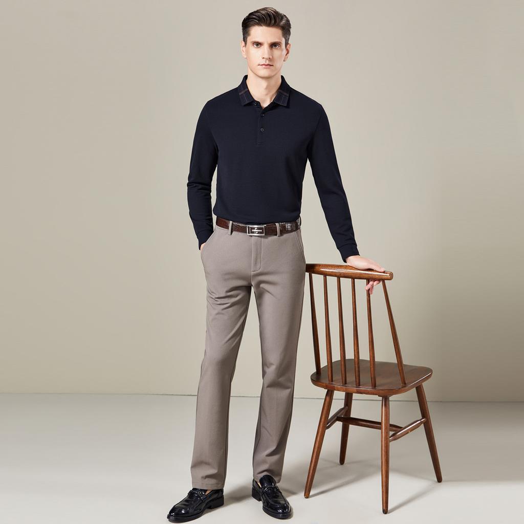 Long Sleeved Polo Shirt with Mulberry Silk, Men's Spring Season Business Casual Breathable Top, Base T-shirt