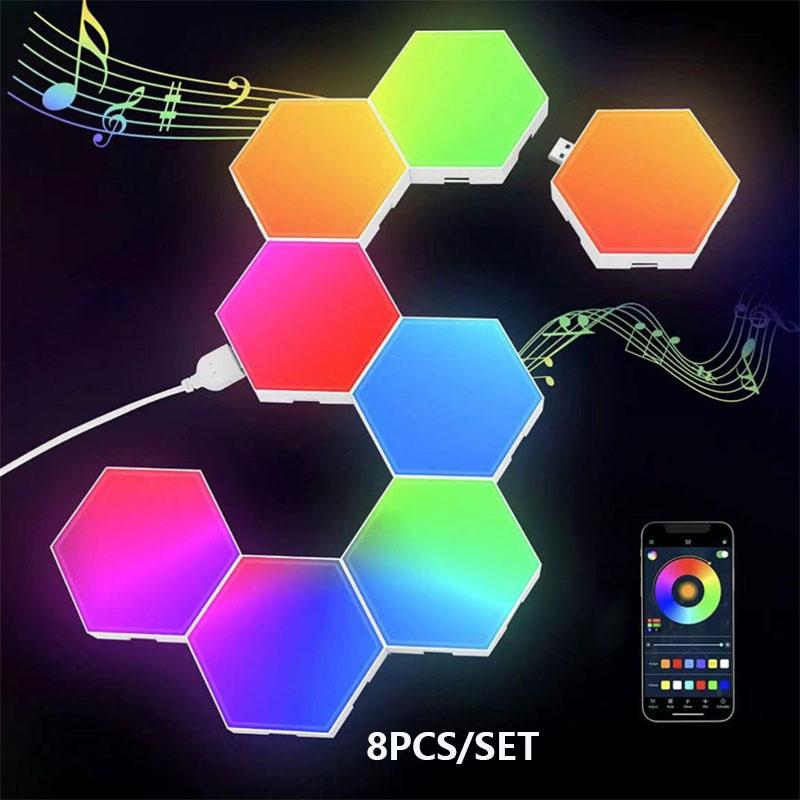 

Розумна шестикутна світлодіодна панель RGBIC зі зміною кольору, настінне світло з підтримкою додатка та пульта дистанційного керування, амбієнтне освітлення для декору інтер єру 8PCS/SET