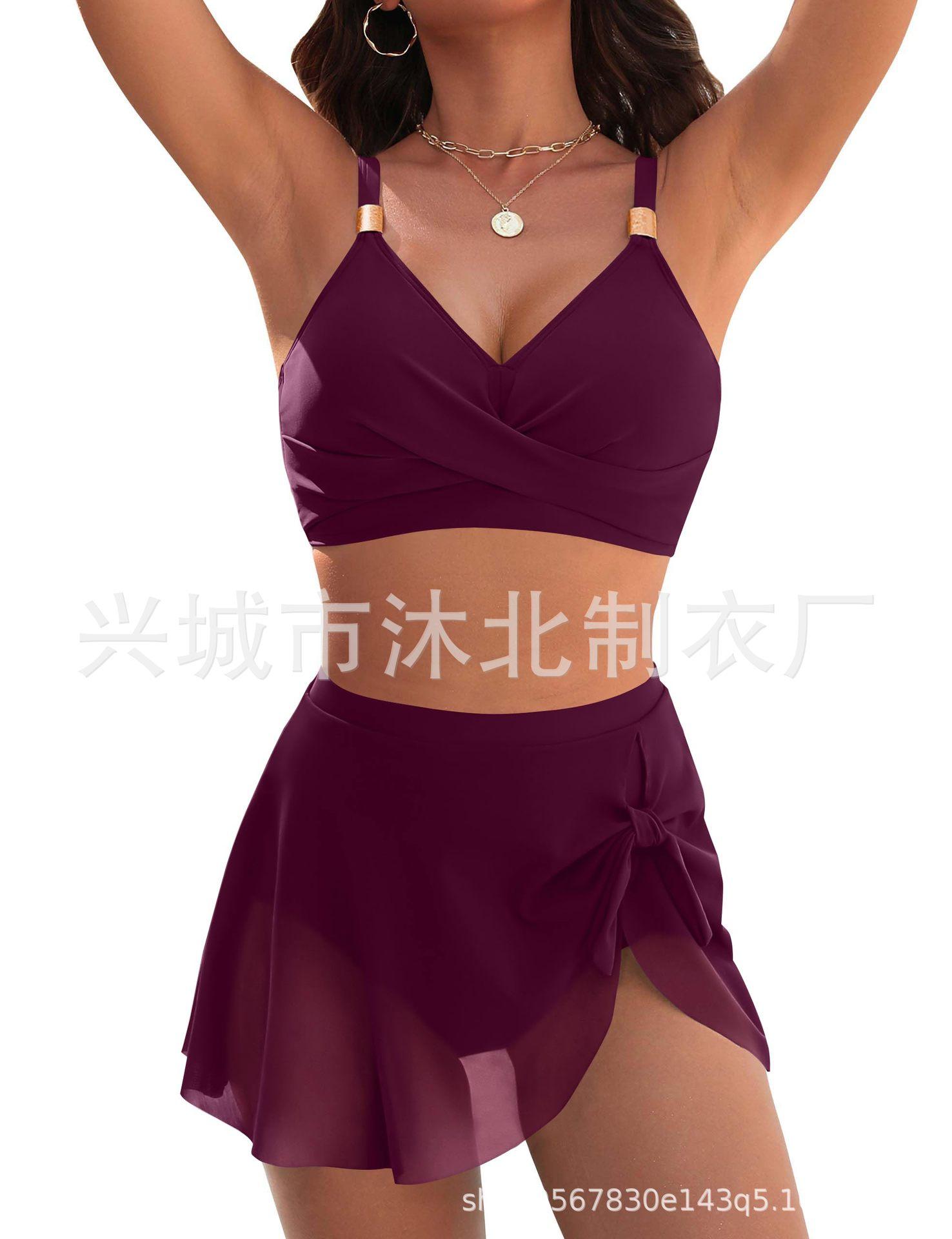 

New bikini split swimsuit mesh skirt sexy high waist slim swimsuit XXL бордовий