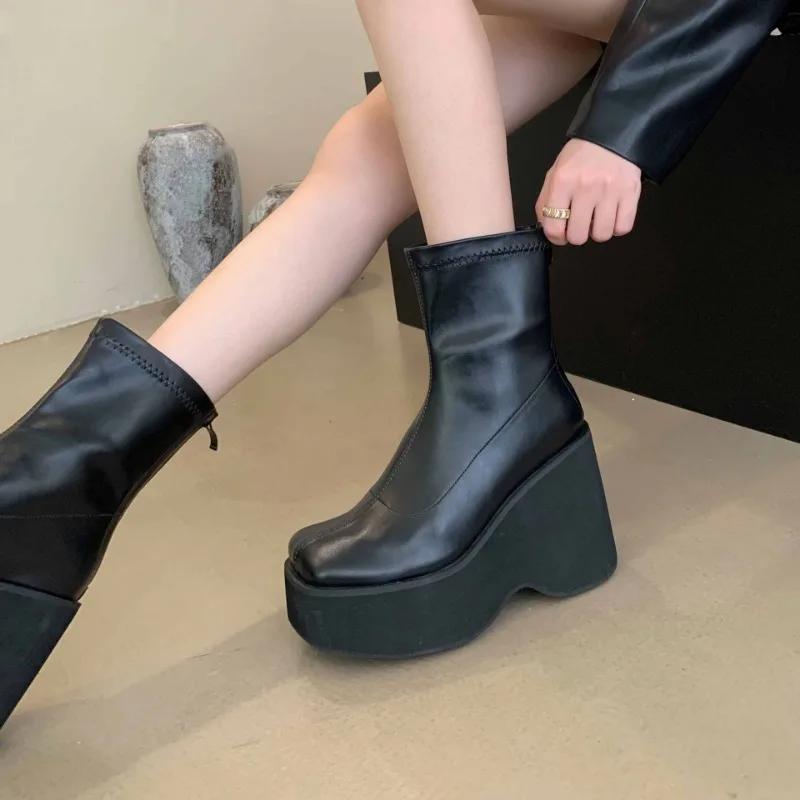 Genuine Leather Platform Thick High Heels Womens Ankle Boots Black Square Head Rear Zipper Comfy Gothic Shoes Zapatos Mujer